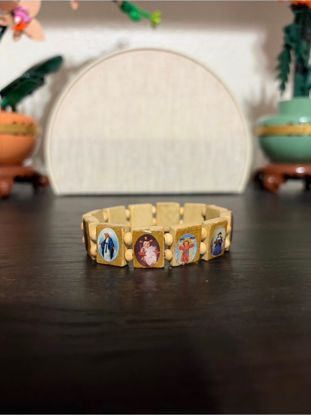 Religious Wooden Stretch Bracelet with Catholic Saint Images- Beige